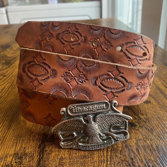 Vintage 1976 Western Tooled Leather Belt with Eagle Buckle Unisex